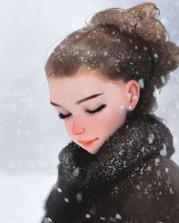 Rule 34 | 1girl, brown hair, closed mouth, earrings, closed eyes, freckles, highres, jewelry, lips, medium hair, sam yang, snow, snowing, solo, white background, winter