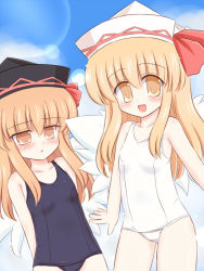 Rule 34 | 2girls, bare shoulders, blush, day, dual persona, female focus, hat, lily black, lily white, long hair, multiple girls, one-piece swimsuit, orange eyes, orange hair, ry (yagoyago), school swimsuit, swimsuit, touhou, white school swimsuit, white one-piece swimsuit, wings