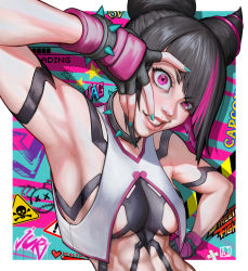 Rule 34 | 1girl, abs, absurdres, ai shou, armpits, bracelet, breasts, capcom, cleavage, drill hair, graffiti, grin, han juri, highres, jewelry, large breasts, logo, looking at viewer, multicolored hair, smile, solo, spiked bracelet, spikes, street fighter, street fighter 6, toned, twin drills, underboob