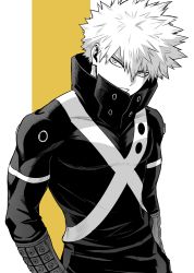 Rule 34 | absurdres, bakugou katsuki, boku no hero academia, bui (buupopopopopo), costume, eye contact, gauntlets, glaring, greyscale, greyscale with colored background, hands in pockets, head down, highres, looking at another, looking at viewer, monochrome, muscular, muscular male, simple background, solo, spiked hair, superhero costume