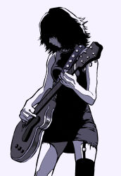 Rule 34 | 1girl, bare arms, bare shoulders, breasts, covered eyes, cowboy shot, dress, electric guitar, garter straps, guitar, hair over eyes, highres, instrument, korean commentary, medium hair, mole, mole on nose, monochrome, muryo, music, o-ring, original, pencil dress, playing instrument, profile, short dress, simple background, single thighhigh, sleeveless, sleeveless dress, solo, thighhighs, torn clothes, torn dress