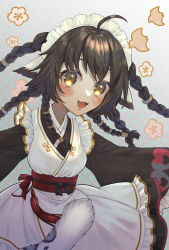 Rule 34 | 1girl, absurdly long hair, ahoge, ainu clothes, animal ears, anju (utawarerumono), apron, aquaplus, black hair, blush, braid, breasts, dress, fang, frilled dress, frilled sleeves, frills, gradient eyes, hair ornament, highres, jewelry, long hair, long sleeves, looking at viewer, maid, maid apron, maid headdress, multicolored eyes, open mouth, orange eyes, peonymochi, raised eyebrows, sidelocks, small breasts, solo, standing, tail, teeth, tongue, upper body, utawarerumono, utawarerumono: itsuwari no kamen, utawarerumono: lost flag, very long hair