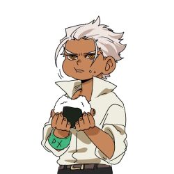 1boy belt collared_shirt crema_525 dark-skinned_male dark_skin eating food food_on_face hair_slicked_back male_focus one_piece onigiri ringed_eyes s-hawk seraphim_(one_piece) shirt short_hair simple_background solo white_background white_hair white_shirt yellow_eyes