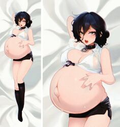 Rule 34 | 1girl, big belly, black hair, blush, breasts, chainsaw man, choker, cleavage, covered erect nipples, dakimakura (medium), from above, grenade pin, hair between eyes, hair bun, highres, kneehighs, large breasts, looking at viewer, lying, medium hair, midriff, miniskirt, multiple views, on back, open mouth, outie navel, pencil skirt, pregnant, reze (chainsaw man), see-through, see-through shirt, shiny skin, sidelocks, skirt, socks, sweat, thighs, yellow eyes, zachsano