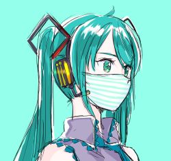 Rule 34 | 1girl, aqua background, aqua eyes, aqua hair, aqua necktie, bare shoulders, commentary, coronavirus pandemic, english commentary, grey shirt, hair ornament, hatsune miku, headphones, headset, highres, long hair, looking to the side, mask, mayo riyo, mixed-language commentary, mouth mask, necktie, portrait, shirt, sketch, sleeveless, sleeveless shirt, solo, striped, twintails, vocaloid
