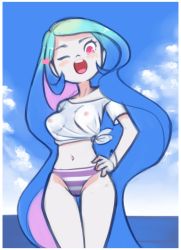 Rule 34 | 1girl, aqua hair, blue hair, blush, bracelet, breasts, celestia (my little pony), cloud, collarbone, colored skin, drantyno, hair ornament, hand on own hip, hasbro, heart, heart hair ornament, highres, jewelry, looking at viewer, medium breasts, multicolored hair, my little pony, my little pony: equestria girls, my little pony: friendship is magic, navel, nipples, ocean, one eye closed, open mouth, panties, pink eyes, purple hair, purple panties, see-through, see-through shirt, shirt, short sleeves, sky, smile, standing, striped clothes, striped panties, tied shirt, underwear, water, white shirt, white skin, wink
