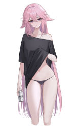 Rule 34 | 1girl, :|, alternate costume, animal ears, asahi breweries, beer can, black panties, black shirt, blush, breasts, can, closed mouth, clothes lift, collarbone, commentary request, cropped legs, drink, drink can, expressionless, floppy ears, fox ears, genshin impact, gluteal fold, groin, hand under clothes, highres, holding, holding drink, lifting own clothes, long hair, long shirt, loose clothes, loose shirt, medium breasts, navel, no pants, off-shoulder shirt, off shoulder, panties, pink hair, purple eyes, rikui (rella2930), shirt, shirt lift, short sleeves, sidelocks, simple background, single bare shoulder, solo, stomach, straight hair, string panties, t-shirt, thighs, underwear, very long hair, white background, yae miko