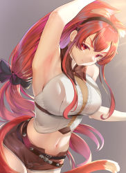 Rule 34 | 1girl, aged up, animal ears, arm behind head, arm up, armpits, bare shoulders, belt, breasts, brown shorts, cat ears, cat girl, cat tail, eris greyrat, hairband, highres, kariza, large breasts, long hair, looking at viewer, midriff, mushoku tensei, navel, ponytail, red eyes, red hair, short shorts, shorts, sidelocks, smile, solo, tail, thighs