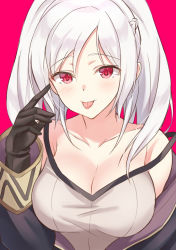 Rule 34 | 1girl, :p, bare shoulders, black gloves, braid, breasts, cape, cleavage, collarbone, dark persona, fire emblem, fire emblem awakening, fire emblem heroes, french braid, glasses, gloves, grima (fire emblem), highres, hood, large breasts, long hair, long sleeves, looking at viewer, nintendo, open clothes, pink background, red eyes, robe, robin (female) (fire emblem), robin (fire emblem), shiyo yoyoyo, simple background, smile, solo, strap slip, tongue, tongue out, twintails, upper body, white hair