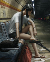 Rule 34 | 1girl, animal, bag, between fingers, black cat, black footwear, black hair, black shorts, black umbrella, cat, cigarette, cigarette pack, closed eyes, closed mouth, closed umbrella, commentary, earrings, full body, guweiz, highres, holding, holding cigarette, indoors, jewelry, lighter, long hair, on bench, original, profile, sandals, shirt, shoe soles, short shorts, short sleeves, shorts, sitting, solo, stud earrings, symbol-only commentary, train station, train station platform, umbrella, very long hair, white shirt