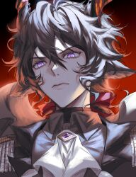 Rule 34 | 1boy, animal ears, arknights, black hair, black jacket, closed mouth, collared shirt, ebenholz (arknights), epaulettes, grey shirt, hair between eyes, highres, horns, jacket, long hair, looking at viewer, male focus, purple eyes, red background, rio (rio773), shirt, solo, upper body, v-shaped eyebrows