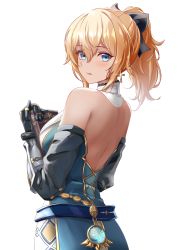 Rule 34 | 1girl, absurdres, backless outfit, bare shoulders, belt, blonde hair, blue belt, blue gloves, blush, book, breasts, commentary request, cross, detached sleeves, earrings, eyelashes, feet out of frame, genshin impact, gloves, highres, holding, holding book, jean (genshin impact), jean (gunnhildr&#039;s legacy) (genshin impact), jewelry, long sleeves, looking at viewer, looking back, medium breasts, medium hair, mon-chan, official alternate costume, parted lips, ponytail, shoulder blades, sideboob, simple background, solo, sparkle, standing, upper body, vision (genshin impact), white background