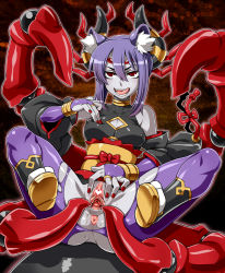 Rule 34 | 1girl, animal ears, anus, arachne (shinrabanshou), bare shoulders, blue hair, blue skin, breasts, censored, colored skin, demon girl, denki showgun, detached sleeves, covered erect nipples, fingerless gloves, gloves, grey skin, highres, horns, nail polish, naughty face, pantyhose, pussy, pussy juice, red eyes, saliva, shinrabanshou, small breasts, solo, spread pussy, tongue, torn clothes