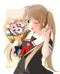 Rule 34 | 1girl, absurdres, black serafuku, black skirt, blush, bouquet, brown eyes, chagen kokimu, dated, flower, highres, holding, holding bouquet, kantai collection, light brown hair, long hair, murasame (kancolle), one eye closed, open mouth, pink flower, pleated skirt, red neckwear, sailor collar, school uniform, serafuku, short sleeves, simple background, skirt, solo, tulip, twintails, two-tone background, white flower