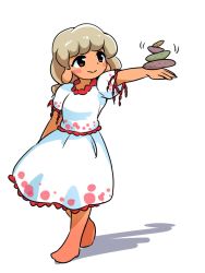 Rule 34 | 1girl, balancing, barefoot, blouse, blush stickers, brown eyes, collar, dark-skinned female, dark skin, earlobes, frilled collar, frilled sleeves, frills, full body, itatatata, long earlobes, long hair, platinum blonde hair, rock, shirt, simple background, skirt, skirt set, solo, stack, touhou, white background, wily beast and weakest creature
