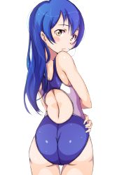 Rule 34 | 1girl, ass, blue hair, blue one-piece swimsuit, blush, competition swimsuit, cowboy shot, from behind, hair between eyes, highres, long hair, looking at viewer, looking back, love live!, love live! school idol project, marine day, one-piece swimsuit, sen (sen0910), simple background, solo, sonoda umi, swimsuit, white background, yellow eyes