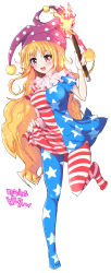 Rule 34 | 1girl, :d, aged up, american flag dress, american flag legwear, bad id, bad pixiv id, blonde hair, blush, breasts, character name, clownpiece, collar, dress, echizen (hvcv), feet, fire, frilled collar, frilled shirt collar, frills, full body, hat, heart, highres, jester cap, large breasts, long hair, looking at viewer, neck ruff, no shoes, open mouth, pantyhose, polka dot, red eyes, short dress, short sleeves, simple background, smile, solo, standing, standing on one leg, star (symbol), striped clothes, striped pantyhose, teeth, toes, touhou, very long hair, white background
