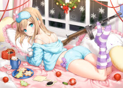 Rule 34 | 1girl, ass, bare shoulders, bauble, bed sheet, blanket, blue eyes, blue hairband, blush, bow, box, bra, breasts, brown hair, brush, camisole, character name, christmas, christmas ornaments, closed mouth, cookie, cosmetics, cup, feet up, food, food on face, frilled pillow, frills, from behind, full body, girls&#039; frontline, glass writing, glint, gun, hair between eyes, hair ornament, hairband, heart, heart-shaped box, highres, hood, hood down, hugging object, indoors, jacket, kneehighs, light brown hair, lipstick tube, long hair, long sleeves, looking at viewer, looking back, lying, marmoset (marmoset0), md5 mismatch, medium breasts, mug, night, off shoulder, on bed, on stomach, pajamas, pillow, pillow hug, plate, purple bow, purple socks, rabbit hair ornament, red bow, resolution mismatch, short shorts, shorts, sidelocks, sleep mask, snowflake hair ornament, snowflakes, socks, solo, source smaller, striped clothes, striped socks, submachine gun, suomi (girls&#039; frontline), suomi kp/-31, swept bangs, tareme, thighhighs, thighs, underwear, weapon, white bra, window, wreath