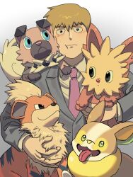 Rule 34 | 1boy, blush, closed mouth, commentary, creatures (company), dog, formal, game freak, gen 1 pokemon, gen 5 pokemon, gen 7 pokemon, gen 8 pokemon, gradient background, green eyes, grey background, grey suit, growlithe, highres, holding, holding pokemon, lillipup, male focus, mob psycho 100, namo (mubulike), necktie, nintendo, pokemon, pokemon (creature), purple necktie, reigen arataka, rockruff, simple background, smile, species connection, suit, symbol-only commentary, tongue, tongue out, yamper