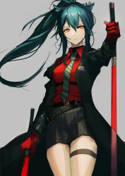 Rule 34 | 1girl, absurdres, animal ears, arknights, black coat, black shorts, breasts, chuhaibane, coat, collared shirt, cowboy shot, dual wielding, ear piercing, gloves, green necktie, grey background, hair between eyes, highres, holding, holding sword, holding weapon, long hair, long sleeves, looking at viewer, medium breasts, necktie, official alternate costume, open clothes, open coat, orange eyes, piercing, ponytail, red gloves, red shirt, shirt, shirt tucked in, shorts, simple background, solo, striped necktie, sword, texas (arknights), texas (willpower) (arknights), weapon, wolf ears, wolf girl