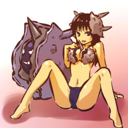 Rule 34 | 1990s (style), 1girl, bikini, black hair, blue eyes, breasts, cleavage, cloyster, creatures (company), game freak, gen 1 pokemon, hitec, horns, large breasts, legs, long hair, moemon, nintendo, personification, pokemon, pokemon (creature), pokemon rgby, retro artstyle, sexually suggestive, shell, spikes, spread legs, swimsuit, yonic symbol