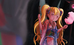 Rule 34 | 1girl, :t, alternate costume, alternate hairstyle, blonde hair, blurry, blurry background, blush, bow, breasts, cheek bulge, chocolate banana, closed mouth, clownpiece, cotton candy, eating, female focus, fire, floral print, flower, food, hair bow, hair flower, hair ornament, hands up, holding, holding food, japanese clothes, katsura dendou, kimono, lantern, light blush, long hair, long sleeves, looking at viewer, multicolored clothes, multicolored kimono, obi, pink fire, pointy ears, purple bow, red eyes, red flower, sash, skewer, small breasts, solo, standing, touhou, twintails, upper body, wide sleeves, wooden lantern
