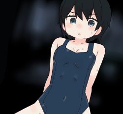 Rule 34 | 1girl, absurdres, arms behind back, black hair, blue eyes, blue one-piece swimsuit, blurry, blurry background, blush, breasts, character request, copyright request, female focus, highres, one-piece swimsuit, open mouth, short hair, small breasts, solo, swimsuit, wet, zakone