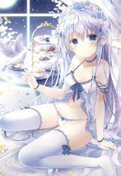 Rule 34 | 1girl, absurdres, arm support, armband, babydoll, bed sheet, bird, blue babydoll, blue bow, blue choker, blue eyes, blue hair, blue panties, blue thighhighs, blurry, blurry background, bow, bow babydoll, bow legwear, bow panties, bracelet, breasts, cake, choker, cleavage, closed mouth, cookie, cup, curtains, depth of field, dove, feathers, flower, food, frilled armband, frilled babydoll, frilled choker, frilled thighhighs, frills, full body, hair bow, hair flower, hair ornament, head tilt, head wreath, highres, indoors, jewelry, leaning back, light particles, lingerie, long hair, looking at viewer, macaron, medium breasts, moon, navel, night, night sky, on bed, original, panties, petals, plant, sandwich, saucer, shiiba nae, sitting, sky, smile, solo, sparkle, star (sky), starry sky, table, teacup, thighhighs, tiered tray, underwear, very long hair, wariza, window