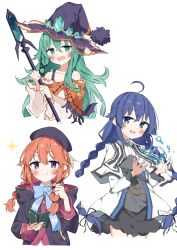 Rule 34 | 3girls, ahoge, bare shoulders, beret, black coat, blue eyes, blue hair, blue ribbon, blush, book, bow, braid, coat, collarbone, commentary request, date a live, gem, green eyes, green gemstone, green hair, hair bow, hat, hat ornament, highres, long braid, long hair, long sleeves, multiple girls, mushoku tensei, natsumi (date a live), open mouth, orange hair, princess connect!, purple eyes, ribbon, roxy migurdia, smile, smug, suta0822, twin braids, water, witch, witch hat, yuni (princess connect!)