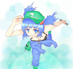 Rule 34 | 1girl, :d, aqua eyes, bare shoulders, blue eyes, blue hair, boots, breasts, cleavage, clothes around waist, crop top, downblouse, extended downblouse, grin, hair bobbles, hair ornament, hand on headwear, hat, jewelry, kawashiro nitori, key, key necklace, looking at viewer, matching hair/eyes, necklace, open mouth, pants, rubber boots, running, screwdriver, shirt, shirt around waist, short hair, smile, solo, tank top, toguryo, tool kit, touhou, twintails, two side up, wrench