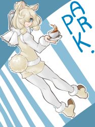 Rule 34 | 10s, 1girl, alpaca ears, alpaca suri (kemono friends), alpaca tail, animal ears, blonde hair, blue eyes, closed mouth, cup, drink, from behind, full body, fur-trimmed footwear, fur-trimmed sleeves, fur scarf, fur trim, hair over one eye, highres, holding, holding cup, horizontal pupils, kemono friends, long sleeves, looking at viewer, looking back, medium hair, notora, pantyhose, pantyhose under shorts, scarf, shirt, shoes, shorts, smile, solo, tail, vest, white pantyhose, white shirt