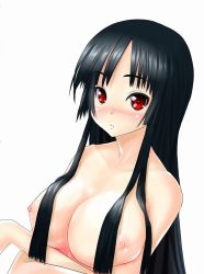 Rule 34 | 00s, 1girl, akiyama mio, black hair, blush, breasts, completely nude, female focus, hair over breasts, k-on!, large breasts, long hair, looking at viewer, nipples, nokiguchi chika, nude, red eyes, simple background, solo, topless frame, upper body, white background