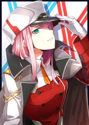 Rule 34 | 10s, aqua eyes, buttons, dabadhi, darling in the franxx, double-breasted, eyeshadow, gloves, hand on headwear, hat, highres, holding, holding clothes, holding hat, jacket, jacket on shoulders, looking to the side, makeup, military, military hat, military uniform, orange neckwear, pink hair, solo, straight hair, uniform, white gloves, zero two (darling in the franxx)