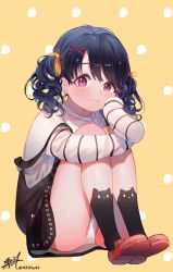 Rule 34 | 1girl, animal ear legwear, black hair, black socks, blush, bow, brown background, brown footwear, cat ear legwear, closed mouth, commentary request, fang, fang out, fukumaru koito, full body, hair between eyes, hair bow, hair ornament, hairclip, highres, hugging own legs, idolmaster, idolmaster shiny colors, knees up, kuri choko, light smile, long sleeves, looking at viewer, overall skirt, panties, purple eyes, shirt, shoe soles, signature, sitting, sleeves past wrists, socks, solo, strap slip, striped, twintails, twitter username, underwear, white panties, white shirt, x hair ornament, yellow bow