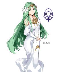 Rule 34 | 1girl, artist name, bare shoulders, breasts, closed mouth, dress, female focus, fire emblem, fire emblem: three houses, flower, green eyes, green hair, hair flower, hair ornament, highres, large breasts, logo, long dress, long hair, long sleeves, matching hair/eyes, nintendo, off-shoulder dress, off shoulder, oliver koito, rhea (fire emblem), signature, simple background, solo, tiara, white background, white dress