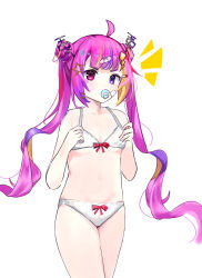 Rule 34 | 1girl, absurdres, ahoge, bandaid, bandaid on face, belly, blush, blush stickers, bra, breasts, commission, heterochromia, highres, hiromitwo, idol corp, looking at viewer, multicolored hair, navel, panties, pink eyes, pink hair, purple eyes, ribbon, riro ron, simple background, small breasts, star (symbol), twintails, underwear, underwear only, virtual youtuber, white background, white bra, white panties
