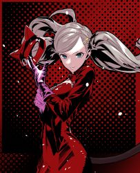 Rule 34 | 1girl, blonde hair, bodysuit, cat mask, catsuit, cofffee, cowboy shot, gloves, hair ornament, hairclip, mask, unworn mask, persona, persona 5, pink gloves, red background, red bodysuit, smile, solo, takamaki anne, twintails