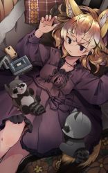 Rule 34 | 1girl, alternate costume, animal ears, black dress, blonde hair, blush, cassette player, casual, dress, earbuds, earphones, extra ears, fennec (kemono friends), fox ears, fox girl, fox tail, from above, highres, kemono friends, long sleeves, looking at viewer, lying, multicolored hair, nail polish, nanana (nanana iz), on back, pink nails, short hair, solo, stuffed animal, stuffed toy, tail, white hair
