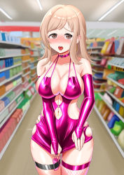 Rule 34 | 1girl, absurdres, bare shoulders, blonde hair, blush, bodycon, box, breasts, bridal gauntlets, brown eyes, choker, cleavage, clenched hand, clothing cutout, collarbone, condom box, controller, covered erect nipples, cowboy shot, dress, dress tug, ear blush, elbow gloves, english text, female focus, fishnet thighhighs, fishnets, gloves, green panties, half-closed eyes, harigane mutsumi (harigane623), heart, heart choker, highres, idolmaster, idolmaster shiny colors, indoors, japanese text, large breasts, long hair, looking at viewer, navel cutout, navel piercing, nose blush, o-ring dress, open mouth, panties, panty peek, piercing, pink choker, pink dress, pink gloves, pink thighhighs, public indecency, remote control, remote control vibrator, sakuragi mano, sex toy, shiny clothes, shop, shopping, side cutout, sidelocks, single thighhigh, skindentation, sleeveless, sleeveless dress, solo, standing, storefront, string panties, tears, teeth, thigh strap, thighhighs, tongue, translation request, underwear, vibrator, vibrator cord, vibrator under clothes