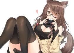 Rule 34 | 1girl, bare shoulders, black-framed eyewear, black skirt, black sleeves, black sweater, blush, breasts, brown eyes, brown hair, brown jacket, brown thighhighs, chain, cleavage, cleavage cutout, closed mouth, clothing cutout, commentary request, controller, detached sleeves, feet out of frame, game controller, glasses, glowing, hair over one eye, hands up, heart, heart cutout, holding, jacket, knees up, komori kuzuyu, light up, long hair, long sleeves, looking at viewer, lying, medium breasts, mole, mole on breast, nail polish, no shoes, off shoulder, on back, pleated skirt, red nails, simple background, skirt, sleeveless, sleeveless sweater, smile, solo, sweater, teardrop-framed glasses, thighhighs, very long hair, virtual youtuber, white background, wide sleeves, yuzuki uru