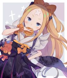 Rule 34 | 1girl, abigail williams (fate), animal print, arm behind back, bandaid, bandaid on face, bandaid on forehead, blonde hair, blue eyes, blush, bow, butterfly print, commentary request, cowboy shot, dutch angle, fate/grand order, fate (series), food, food in mouth, forehead, hair bow, japanese clothes, kimono, long hair, looking at viewer, mouth hold, orange bow, pancake, polka dot, polka dot bow, ponytail, sash, scrunchie, short sleeves, sidelocks, solo, stuffed animal, stuffed toy, teddy bear, totatokeke, two-tone background, wrist scrunchie