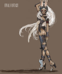 Rule 34 | 00s, 1girl, armor, ass, bad id, bad pixiv id, copyright name, final fantasy, final fantasy xii, fran (ff12), helmet, high heels, long hair, ponsuke (pon00000), red eyes, revealing clothes, shoes, solo, viera, white hair