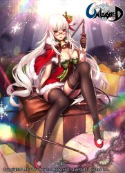 Rule 34 | 1girl, bell, black gloves, black thighhighs, bow, box, breasts, capelet, cleavage, full body, fur trim, gift, gift box, glasses, gloves, green eyes, hair bell, hair bow, hair ornament, high heels, jingle bell, large breasts, long hair, looking at viewer, metto, official art, panties, pantyshot, parted lips, red-framed eyewear, santa costume, sitting, smile, snowflakes, solo, thighhighs, underwear, unleashed, very long hair, whip, white hair, white panties