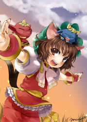 Rule 34 | 1girl, animal ears, bad id, bad pixiv id, blue oni, brown eyes, brown hair, cat ears, cat girl, chen, earrings, female focus, gradient background, hat, jewelry, mokokosan, nature, oni, outdoors, plant, red oni, short hair, skirt, sky, solo, touhou