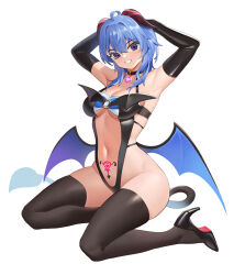 Rule 34 | 1girl, :d, ahoge, armpits, arms up, black footwear, black gloves, black leotard, black thighhighs, blue hair, blue wings, breasts, cleavage, collar, demon horns, demon tail, elbow gloves, ganyu (genshin impact), genshin impact, gloves, grin, heart, high heels, horns, large breasts, leotard, long hair, looking at viewer, low wings, navel, open mouth, parted lips, pubic tattoo, purple eyes, revealing clothes, simple background, sitting, smile, solo, stomach, tail, tattoo, thighhighs, white background, wings, woshikun01, yokozuwari