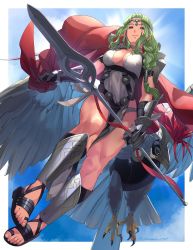 Rule 34 | 1girl, animal, armor, asagi (banzoku210), bird, breasts, cape, circlet, claws, cleavage, dress, female focus, fire emblem, fire emblem heroes, from below, full body, gauntlets, green hair, highres, holding, holding polearm, holding spear, holding weapon, jewelry, long hair, looking at viewer, medium breasts, mole, mole under eye, muscular, muscular female, nintendo, nott (fire emblem), parted bangs, polearm, shoulder armor, sleeveless, sleeveless dress, smile, solo, spear, toeless footwear, toes, torn cape, torn clothes, transparent background, weapon, white dress