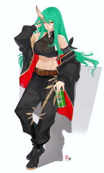 Rule 34 | 1girl, ankle boots, arknights, arm scarf, bamboo print, bare shoulders, beer can, belt, black coat, black footwear, black pants, black shirt, boots, breasts, brown belt, can, chinese commentary, closed mouth, coat, commission, covered collarbone, crop top, drink can, full body, green hair, groin, hair between eyes, hand in own hair, hand up, heineken, highres, holding, holding can, horns, hoshiguma (arknights), long hair, looking to the side, midriff, mixed-language commentary, navel, off shoulder, oni, open clothes, open coat, pants, see-through, shadow, shirt, sidelocks, signature, simple background, single horn, skin-covered horns, sleeveless, sleeveless shirt, solo, white background, yellow eyes, zcune