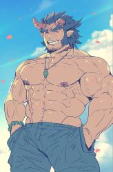 Rule 34 | 1boy, ^ ^, abs, bara, blue hair, closed eyes, cloud, cloudy sky, dark blue hair, demon boy, denim, facial hair, fang, fiery horns, forked eyebrows, hands in pockets, highres, horns, jeans, jewelry, large pectorals, long sideburns, male focus, manly, muscular, navel, navel hair, necklace, nipples, pants, pectorals, petals, rybiok, short hair, sideburns, sky, solo, stubble, takemaru (housamo), thick eyebrows, tokyo houkago summoners, topless male