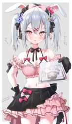 Rule 34 | 1girl, animal ears, bare shoulders, black gloves, black ribbon, blush, bow, breasts, cowboy shot, ear bow, gloves, grey hair, hair ornament, hair ribbon, hand on own hip, heart, heart hair ornament, looking at viewer, medium breasts, medium hair, midriff, navel, original, parted lips, pink eyes, pleated skirt, rabbit ears, rabbit hair ornament, ribbon, skirt, solo, standing, translation request, twintails, yoruhoshi owl
