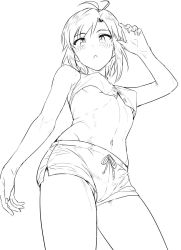 Rule 34 | 1girl, :o, ahoge, antenna hair, arm up, bare shoulders, blush, breasts, buttons, from below, greyscale, highres, idolmaster, idolmaster (classic), kikuchi makoto, looking at viewer, looking down, midriff, monochrome, navel, short hair, short shorts, shorts, simple background, small breasts, solo, tank top, tsurui, underboob, white background
